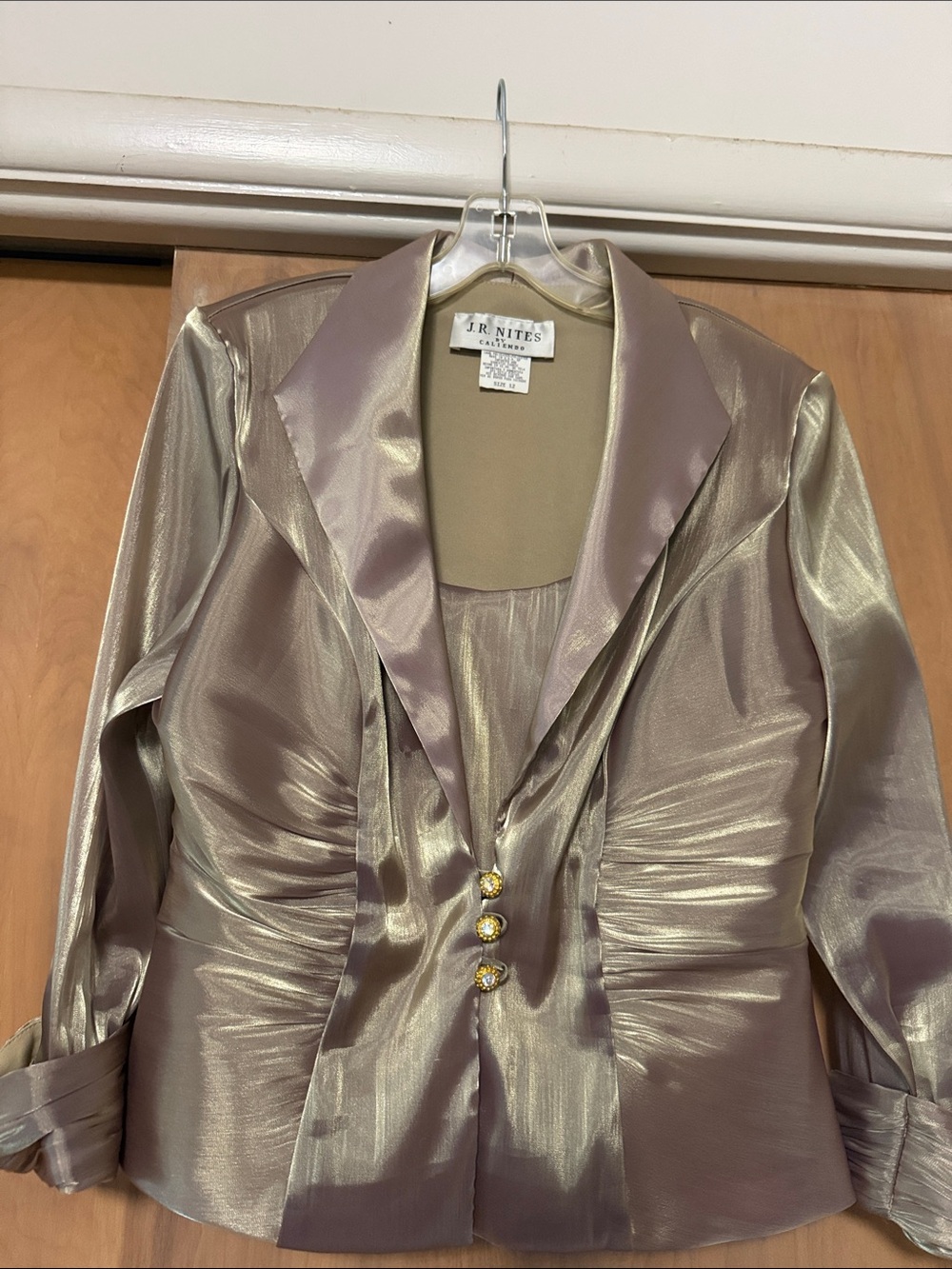 J.R. Nites Metallic Taupe Satin Ruched Blazer with Gold Buttons
